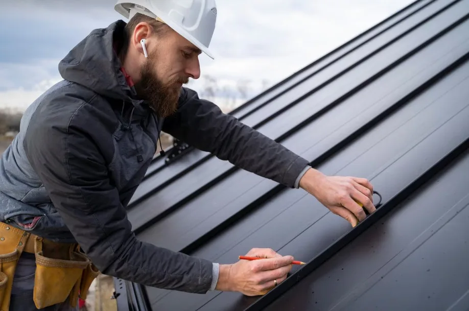 Roofer measuring and marking a metal roof during a professional roofing job
