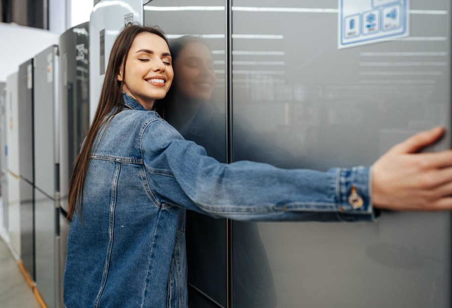 Happy customer embracing a new appliance in a retail showroom