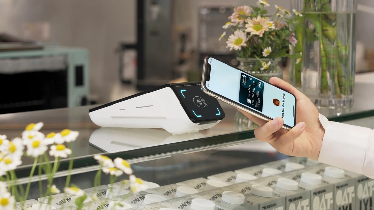 PAX A800 mobile payment terminal on a compact stand