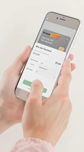 Hand holding a smartphone showing a Prime Gateway mobile payment checkout screen
