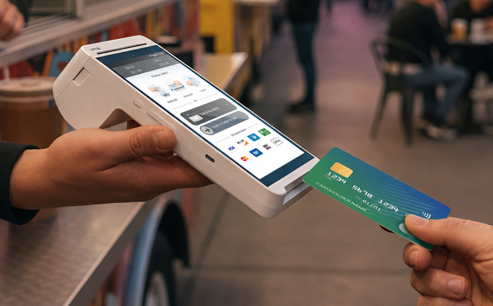 Valor PayTech handheld payment terminal accepting a card payment