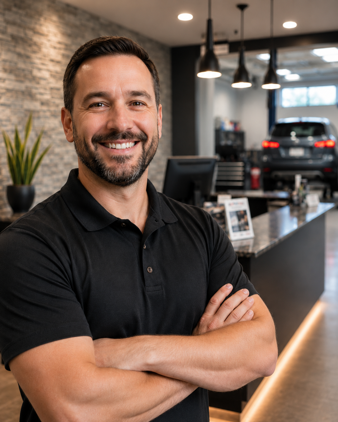 Professional service manager in an automotive service center reception area